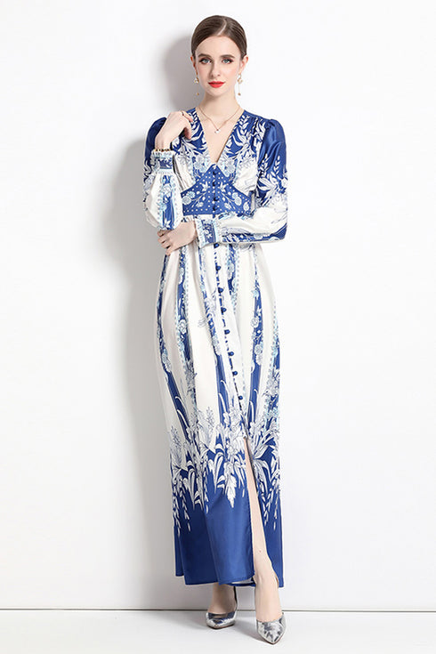 Graceful Autumn V-Neck, Long Sleeve, High Waist Elegant Vintage Party, Wedding Guest, Festive Maxi Dress